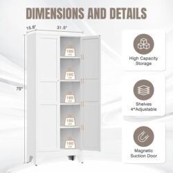 Yizosh Metal Pantry Cabinet, 75″ Kitchen Pantry with 2 Door and 4 Adjustable Shelves,White Metal Pantry Storage Cabinet,Cupboard for Kitchen,Dining Room,Living Room and Bathroom