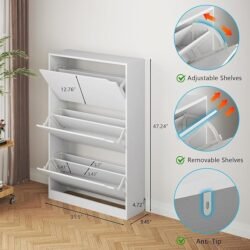 BORNOON Shoe Cabinet with 3 Flip Drawers, Hidden Wood Shoe Cabinet,Freestanding Shoe Storage Cabinet for Entryway Hallway.White. 47.2″ H*31.5″ W*9.45″ D.