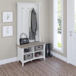 Bush Home Salinas Hall Tree with Shoe Storage Bench in Shiplap Gray and Pure White, Multi-Purpose Home Organizer, Entryway Solution with Seating and Hooks