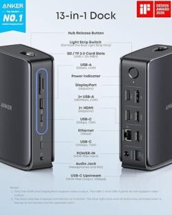 Anker Nano Laptop Docking Station with Detachable Hub, 13-in-1 USB-C Triple Display Docking with 2 HDMI+1 DP, 10 Gbps USB-C, 3 USB-A, Audio, SD/TF, Ethernet, 100W Max PD for Dell, Lenovo, HP, and More