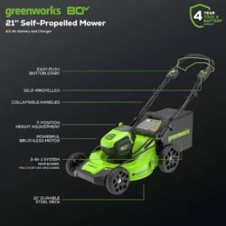 Greenworks 80V 21″ Cordless Self-Propelled Lawn Mowers.