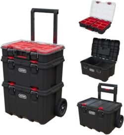 Keter Stack-n-Roll Modular Tools Organizer for Garage Storage and DIY, 3 Piece Resin Rolling Tool Box System for Small Parts, Black