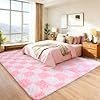 Area Rugs for Living Room Bedroom 9×12, Ultra Fluffy Shag Checkered Rug Modern Washable Carpet Soft Shaggy Non Slip Indoor Plush Fuzzy Rugs for Bedroom Dorm Office Home Aesthetic Decor, Pink and White