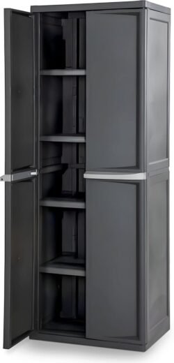 Sterilite 4 Shelf Cabinet, Heavy Duty and Easy to Assemble Plastic Storage Unit, Organize Bins in the Garage, Basement, Attic, Mudroom, Gray, 1-pack