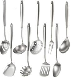 Newness 9 Pcs Cooking Utensils Set, 304 Stainless Steel Kitchen Utensils Set, Metal Kitchen Accessories, Include Soup Ladle, Slotted Skimmer Spoon, Spaghetti Spoon and Spatula, Dishwasher Safe