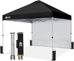 CROWN SHADES 10×10 Pop Up Canopy with 1 Side Wall – Beach Tent with One Push Setup – Outdoor Sun Shade for Events, Parties, Camping – Gazebo with STO-N-Go Cover Bag (Black)