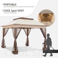 COOS BAY 11×11 Pop Up Gazebo with Mesh Netting, Instant Outdoor Canopy Tent, Water Resistant Shelter with UPF 50+ UV Protection, 121 Sq Ft Coverage, Beige