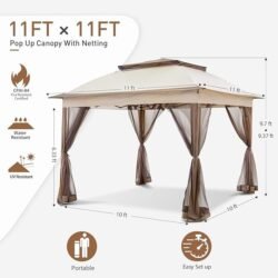 COOS BAY 11×11 Pop Up Gazebo with Mesh Netting, Instant Outdoor Canopy Tent, Water Resistant Shelter with UPF 50+ UV Protection, 121 Sq Ft Coverage, Beige
