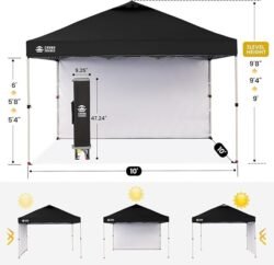 CROWN SHADES 10×10 Pop Up Canopy with 1 Side Wall – Beach Tent with One Push Setup – Outdoor Sun Shade for Events, Parties, Camping – Gazebo with STO-N-Go Cover Bag (Black)