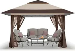 CROWN SHADES 13×13 Pop Up Gazebo, Canopy Tent, Gazebos on Clearance – Outdoor Gazebo for Backyard & Patio Furniture – Carpa Pop Up Tent with Wheeled STO-N-Go Cover Bag (Beige & Coffee)