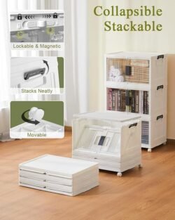 OlarHike 144QT Lockable Storage Bins with Lids – Folding Storage Cabinet with Doors and Wheels, Collapsible Plastic Box for Closets, Office, Stackable Organizer and Containers, Gifts, 3 Pack Cubes