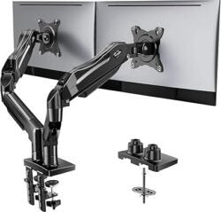 HUANUO FlowLift Dual Monitor Stand, Fully Adjustable Gaming Monitor Desk Mount for 13–32″ Computer Screens, Full Motion VESA 75×75/100×100 with C-Clamp & Grommet Base, Each Arm Holds 4.4 to 19.8 lbs