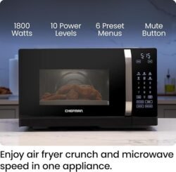 Chefman MicroCrisp Countertop Microwave Oven and Convection Oven, with Integrated Crisper, Guided Touchscreen Interface, 10 Power Levels, Mute Function, and Eco Mode, 1800W and 0.8 Cu. Ft. – Black