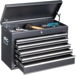 Winado 24″ Portable Metal Tool Box, 5 Drawers Toolbox with Top Storage Tray, Carry Handle, Ball Bearing Runners, Lockable Tool Chest Cabinet for Garage, Warehouse, Repair Shop & Home, Black