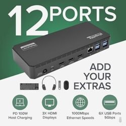 Plugable USB C Triple Display Docking Station | 100W PD, 3x HDMI (1x 4K 30Hz, 2x 1080p 60Hz), 6x USB 5Gbps Ports | Windows, macOS, ChromeOS Compatible – Enhance Productivity with Multi-Monitor Support