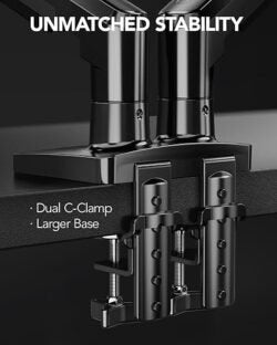 HUANUO FlowLift Dual Monitor Stand, Fully Adjustable Gaming Monitor Desk Mount for 13–32″ Computer Screens, Full Motion VESA 75×75/100×100 with C-Clamp & Grommet Base, Each Arm Holds 4.4 to 19.8 lbs