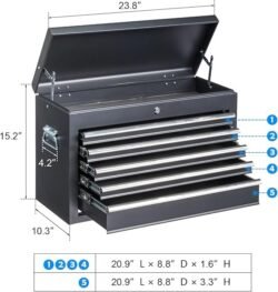 Winado 24″ Portable Metal Tool Box, 5 Drawers Toolbox with Top Storage Tray, Carry Handle, Ball Bearing Runners, Lockable Tool Chest Cabinet for Garage, Warehouse, Repair Shop & Home, Black