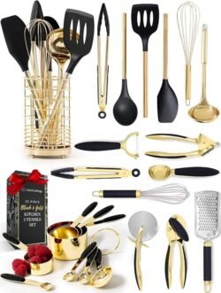 Black and Gold Kitchen Utensils Set – 23-Piece Luxury Kitchen Accessories Includes Gold Measuring Cups, Spoons, Silicone Cooking Utensils and Tools for Baking, Cooking, and Stylish Kitchen Decor