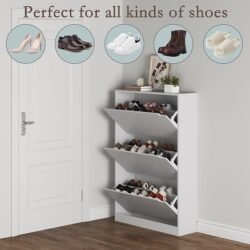 BORNOON Shoe Cabinet with 3 Flip Drawers, Hidden Wood Shoe Cabinet,Freestanding Shoe Storage Cabinet for Entryway Hallway.White. 47.2″ H*31.5″ W*9.45″ D.