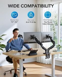 HUANUO FlowLift Dual Monitor Stand, Fully Adjustable Gaming Monitor Desk Mount for 13–32″ Computer Screens, Full Motion VESA 75×75/100×100 with C-Clamp & Grommet Base, Each Arm Holds 4.4 to 19.8 lbs