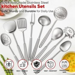 Newness 9 Pcs Cooking Utensils Set, 304 Stainless Steel Kitchen Utensils Set, Metal Kitchen Accessories, Include Soup Ladle, Slotted Skimmer Spoon, Spaghetti Spoon and Spatula, Dishwasher Safe
