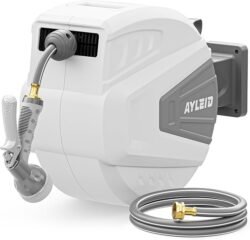 Ayleid Retractable Garden Hose Reel,1/2 in x 100 ft Wall Mounted Hose Reel, with 9- Function Sprayer Nozzle, Any Length Lock/Slow Return System/Wall Mounted/180°Swivel Bracket (Gray)