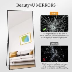 Beauty4U 71″ x 32″ Full Length Mirror with Stand, Large Floor Mirror for Bedroom, Wall Mounted or Leaning Full Body Mirror, HD Tempered Glass Dressing Mirror for Outfit Check & Home Decor, Black