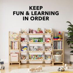 SpaceAid Toy Storage Organizer with 6 Shelves and 12 Bins, Bookshelf/Bookcase, Kids Bin Shelf, Toys Box for Playroom Organization for Bedroom & Room Decor, White, 52.3″ W