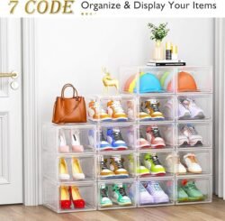 12 Pack Clear Shoe Storage Organizer with Magnetic Door,Stackable Plastic Shoe Boxes for Sneakers,Boots,and Heels,Space-Saving Foldable Shoe Rack for Closet,Durable Shoe Cabinet Organizer,White