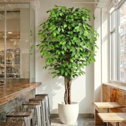 7ft Large Ficus Artificial Trees with Natural Curved Trunks, 84″ Tall Lush Faux Tree for Home Decor Indoor, Green Lifelike Fake Ficus Tree Artificial Plants in Pot（Set of 2）