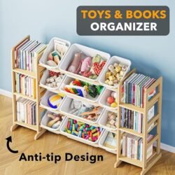 SpaceAid Toy Storage Organizer with 6 Shelves and 12 Bins, Bookshelf/Bookcase, Kids Bin Shelf, Toys Box for Playroom Organization for Bedroom & Room Decor, White, 52.3″ W