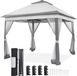 Yaheetech 11×11 Pop Up Gazebo Outdoor Canopy Shelter, Instant Patio Gazebo Sun Shade Canopy Tent with 4 Sandbags, 2 Tiers Roof & Mesh Netting for Lawn, Garden, Backyard & Deck, Gray