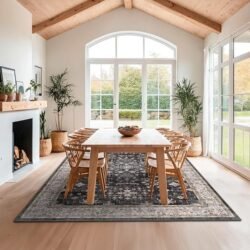 Black Farmhouse Washable 8×10 Area Rugs for Living Room, Bedroom, Dining Room Kitchen Table Rug for Under Table, Office, Dark Charcoal Tumble Stain Resistant Non-Slip Large Washable (8×10 Black/Multi)