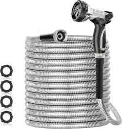 SPECILITE 200ft 304 Stainless Steel Garden Hose Metal, Heavy Duty Water Pipe with Nozzles for Yard, Outdoor – Flexible, Never Kink & Tangle, Puncture Resistant (Sliver)