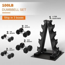Fitvids Rubber Coated Hex Dumbbell Set with Storage Rack, 100/150/200/550 LB Hand Weight Set with Anti-Slip Grip for Home Gym