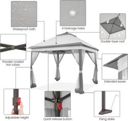 Yaheetech 11×11 Pop Up Gazebo Outdoor Canopy Shelter, Instant Patio Gazebo Sun Shade Canopy Tent with 4 Sandbags, 2 Tiers Roof & Mesh Netting for Lawn, Garden, Backyard & Deck, Gray