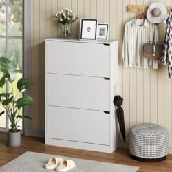 BORNOON Shoe Cabinet with 3 Flip Drawers, Hidden Wood Shoe Cabinet,Freestanding Shoe Storage Cabinet for Entryway Hallway.White. 47.2″ H*31.5″ W*9.45″ D.