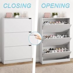 BORNOON Shoe Cabinet with 3 Flip Drawers, Hidden Wood Shoe Cabinet,Freestanding Shoe Storage Cabinet for Entryway Hallway.White. 47.2″ H*31.5″ W*9.45″ D.