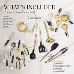 Black and Gold Kitchen Utensils Set – 23-Piece Luxury Kitchen Accessories Includes Gold Measuring Cups, Spoons, Silicone Cooking Utensils and Tools for Baking, Cooking, and Stylish Kitchen Decor