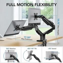 HUANUO FlowLift Dual Monitor Stand, Fully Adjustable Gaming Monitor Desk Mount for 13–32″ Computer Screens, Full Motion VESA 75×75/100×100 with C-Clamp & Grommet Base, Each Arm Holds 4.4 to 19.8 lbs