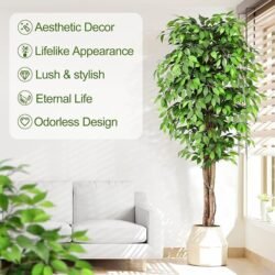 7ft Large Ficus Artificial Trees with Natural Curved Trunks, 84″ Tall Lush Faux Tree for Home Decor Indoor, Green Lifelike Fake Ficus Tree Artificial Plants in Pot（Set of 2）