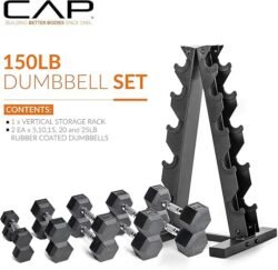 CAP Barbell Rubber Coated Dumbbell Weight Set with Vertical Rack | 100 lb, 150 lb, and 210 lb Options