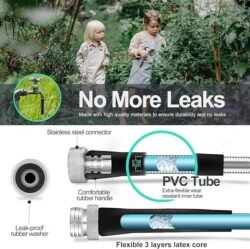 SPECILITE 200ft 304 Stainless Steel Garden Hose Metal, Heavy Duty Water Pipe with Nozzles for Yard, Outdoor – Flexible, Never Kink & Tangle, Puncture Resistant (Sliver)