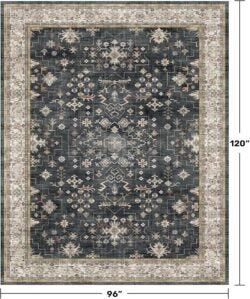 Black Farmhouse Washable 8×10 Area Rugs for Living Room, Bedroom, Dining Room Kitchen Table Rug for Under Table, Office, Dark Charcoal Tumble Stain Resistant Non-Slip Large Washable (8×10 Black/Multi)