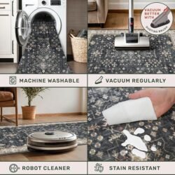 Black Farmhouse Washable 8×10 Area Rugs for Living Room, Bedroom, Dining Room Kitchen Table Rug for Under Table, Office, Dark Charcoal Tumble Stain Resistant Non-Slip Large Washable (8×10 Black/Multi)