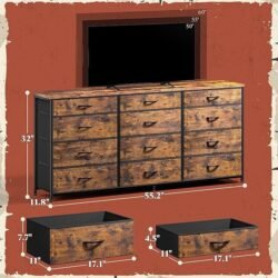 Romorgniz 55″ Dresser for Bedroom with 12 Fabric Drawers, Entertainment Center for 60 inch TV Dressers & Chests of Drawers Large Organizer, Living Room, Metal Frame, Wood Top, Rustic Brown