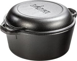 Lodge Cast Iron Double Dutch Oven – Pre-Seasoned 2-in-1 Cast Iron Cookware – Pot & Skillet Combo – Even Heat Retention – Oven-Safe, Versatile Pot – 5 Quart