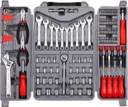 CARTMAN 205 Piece Ratchet Wrench Tool Set 1/4″ & 3/8″ & 1/2″ Drive with SAE/Metric Sockets Kit in Plastic Toolbox