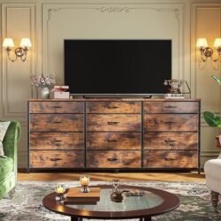 Romorgniz 55″ Dresser for Bedroom with 12 Fabric Drawers, Entertainment Center for 60 inch TV Dressers & Chests of Drawers Large Organizer, Living Room, Metal Frame, Wood Top, Rustic Brown