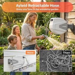 Ayleid Retractable Garden Hose Reel,1/2 in x 100 ft Wall Mounted Hose Reel, with 9- Function Sprayer Nozzle, Any Length Lock/Slow Return System/Wall Mounted/180°Swivel Bracket (Gray)